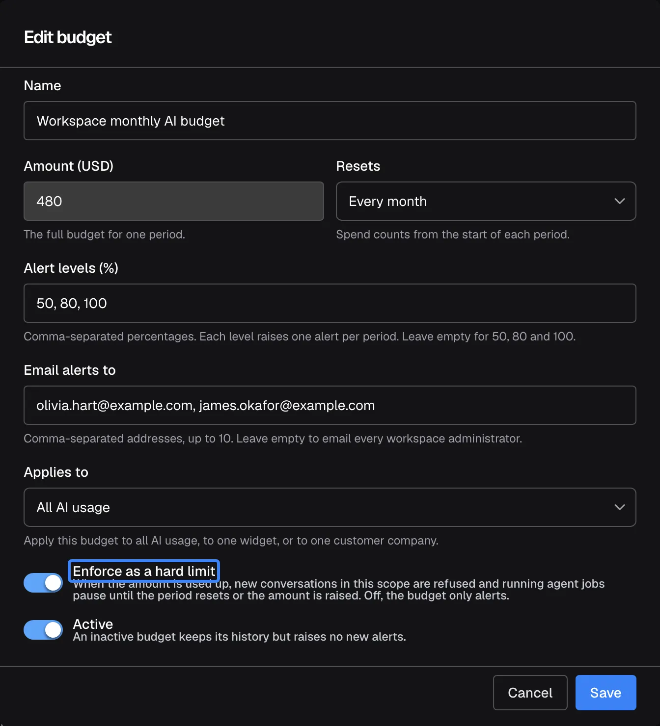 The "Edit budget" dialog of "Workspace monthly AI budget": Amount (USD) 490, Resets "Every month", Alert levels 50, 80 and 100, Applies to "All AI usage". The highlighted switch "Enforce as a hard limit" is on, with the explanation "When the amount is used up, new conversations in this scope are refused and running agent jobs pause until the period resets or the amount is raised. Off, the budget only alerts." "Active" is on.