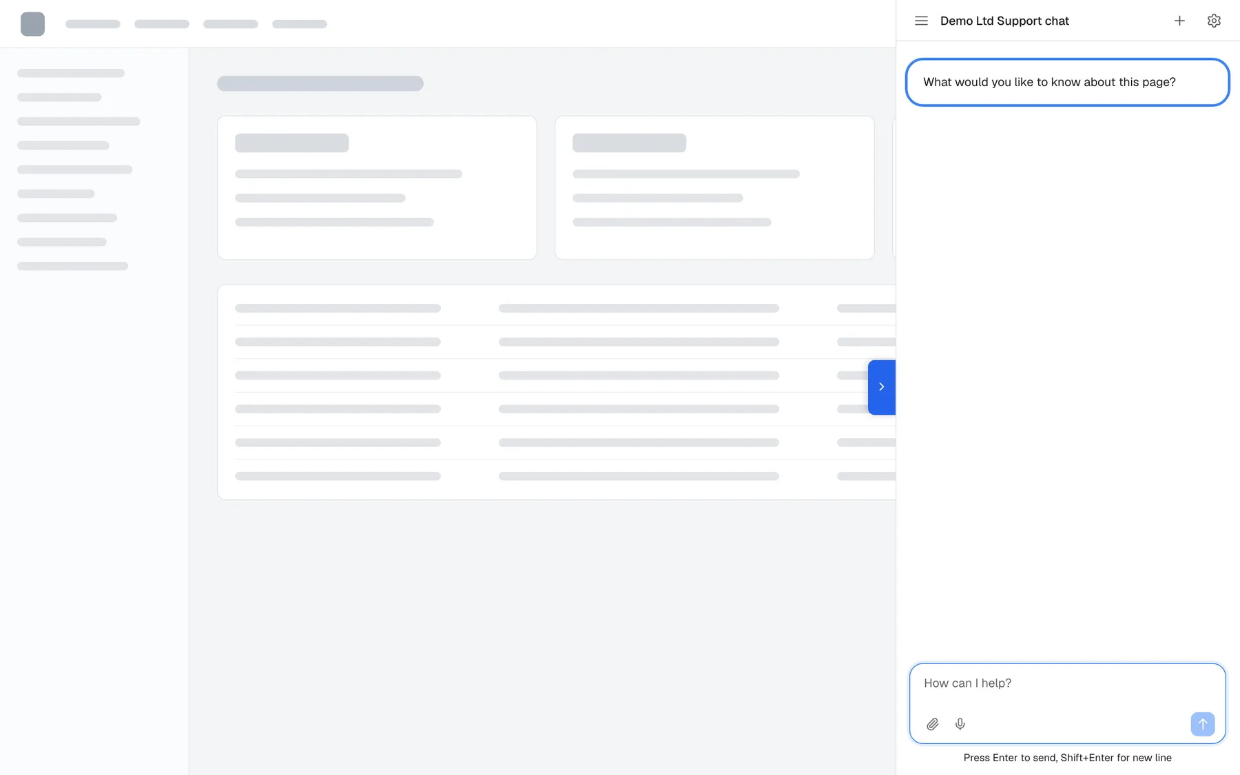 The same example web app after its own button was selected: the Custom Trigger — Sidebar pane has slid in from the right edge over the page, titled "Demo Ltd Support chat". At the top of the conversation the highlighted bubble "What would you like to know about this page?" is the message passed to StrikeUpChat.open(); it is shown on the assistant's side and nothing has been sent yet. The message box waits at the bottom, and the blue tab with a chevron on the pane's left edge collapses it again.