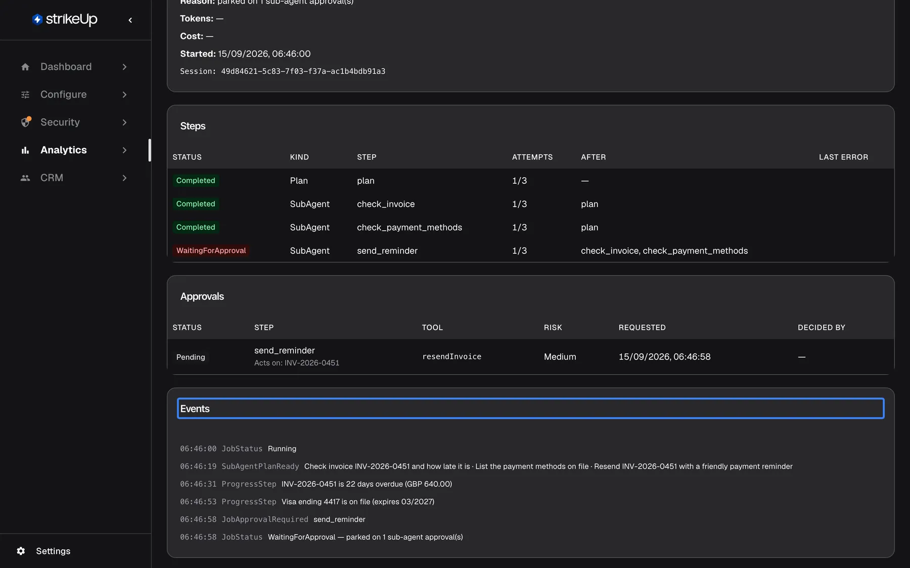 The "Events" section at the bottom of the job "Autonomous: Overdue invoice follow-up 9/15 06:46", with its title highlighted. It lists the run's timeline: 06:46:00 JobStatus Running; 06:46:19 SubAgentPlanReady with the three planned steps; 06:46:31 ProgressStep "INV-2026-0451 is 22 days overdue (GBP 640.00)"; 06:46:53 ProgressStep "Visa ending 4417 is on file (expires 03/2027)"; 06:46:58 JobApprovalRequired send_reminder; and JobStatus WaitingForApproval.