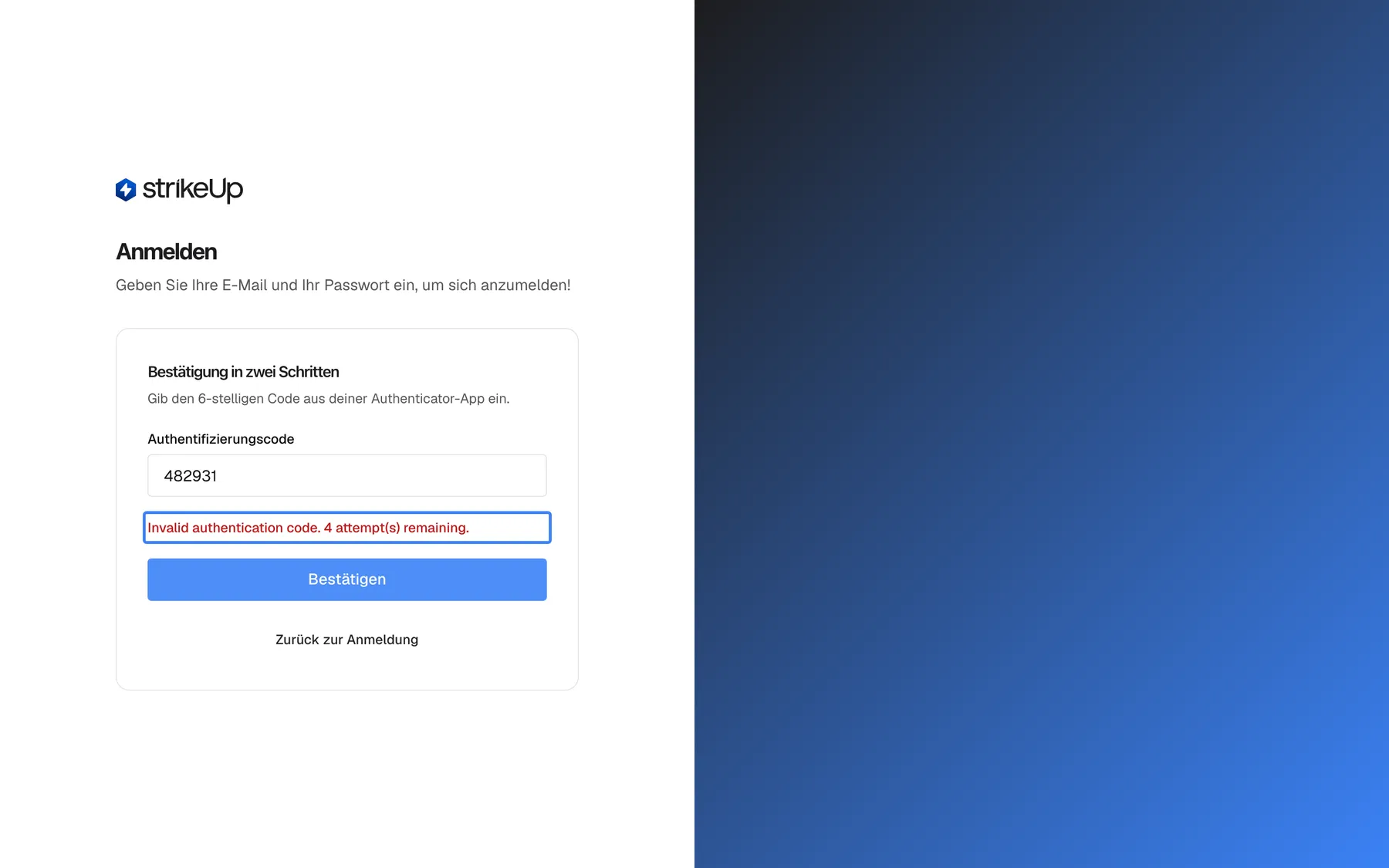 Der Schritt „Bestätigung in zwei Schritten“ auf der Seite „Anmelden“ nach einem falschen Code. Das Feld „Authentifizierungscode“ enthält weiterhin „482931“, darunter ist die rote Zeile hervorgehoben, die auch in der deutschen Oberfläche englisch lautet: „Invalid authentication code. 4 attempt(s) remaining.“. „Bestätigen“ und „Zurück zur Anmeldung“ bleiben verfügbar. Nach fünf falschen Codes in Folge ist die Anmeldung per Code 15 Minuten gesperrt, selbst für einen richtigen Code.