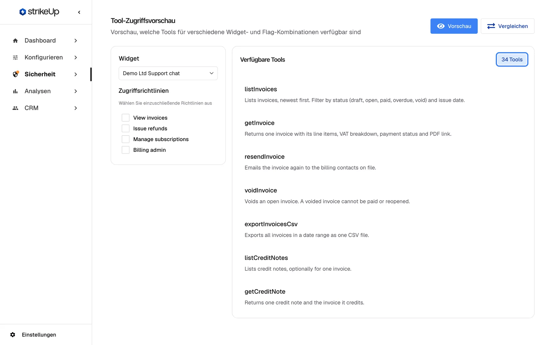 Die Seite „Tool-Zugriffsvorschau“ im Modus Vorschau mit „Widget“ Demo Ltd Support chat und ohne angehakte Richtlinie unter „Zugriffsrichtlinien“. Das Feld „Verfügbare Tools“ trägt das hervorgehobene Badge „34 Tools“: Ohne Richtlinienschlüssel erhält eine Sitzung jedes aktive Tool der beiden Toolkits des Widgets, Demo Billing API und Demo Accounts API. Die Liste beginnt mit listInvoices, getInvoice, resendInvoice, voidInvoice und exportInvoicesCsv und lässt sich für den Rest scrollen.