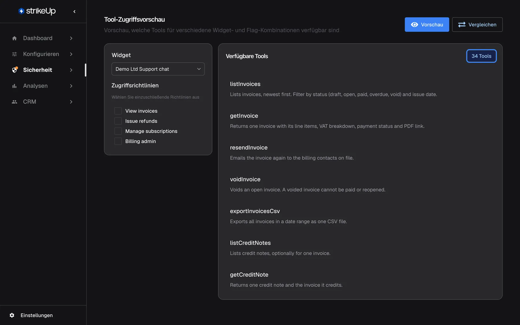Die Seite „Tool-Zugriffsvorschau“ im Modus Vorschau mit „Widget“ Demo Ltd Support chat und ohne angehakte Richtlinie unter „Zugriffsrichtlinien“. Das Feld „Verfügbare Tools“ trägt das hervorgehobene Badge „34 Tools“: Ohne Richtlinienschlüssel erhält eine Sitzung jedes aktive Tool der beiden Toolkits des Widgets, Demo Billing API und Demo Accounts API. Die Liste beginnt mit listInvoices, getInvoice, resendInvoice, voidInvoice und exportInvoicesCsv und lässt sich für den Rest scrollen.