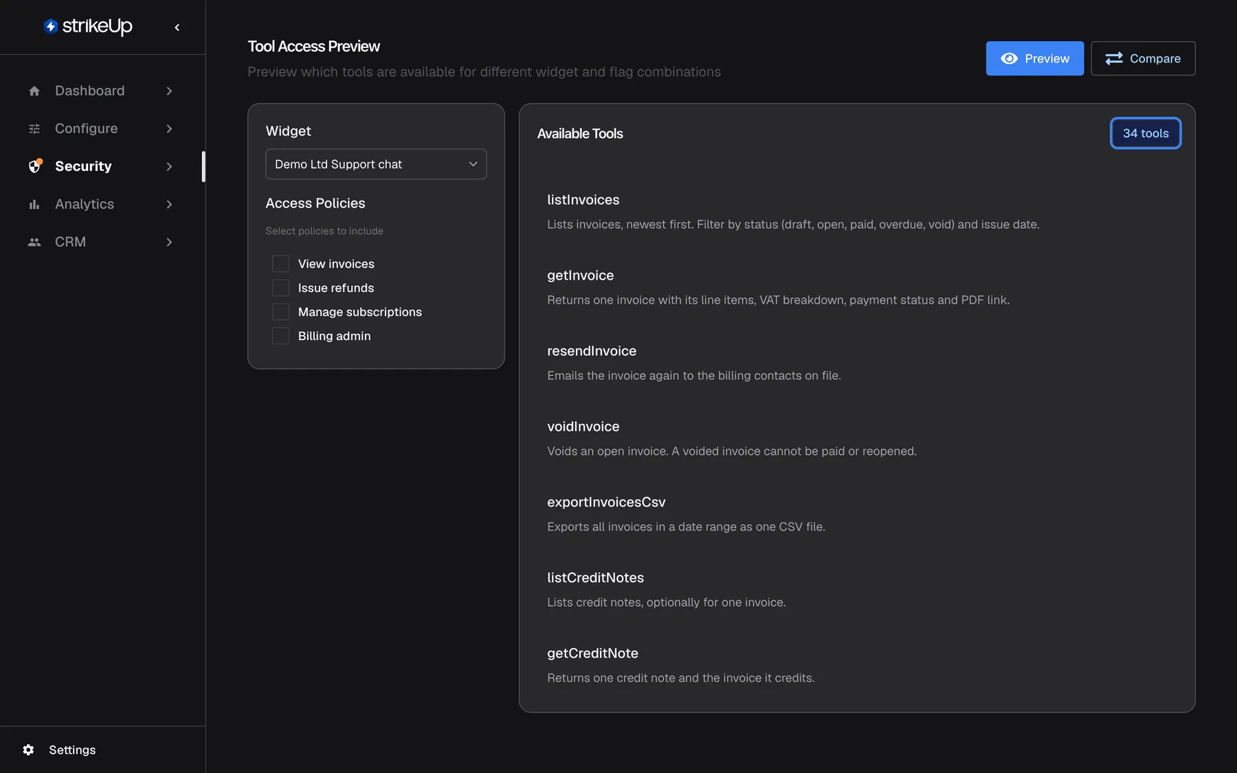 The Tool Access Preview page in Preview mode with "Widget" set to Demo Ltd Support chat and no box ticked under "Access Policies". The "Available Tools" panel carries the highlighted badge "34 tools": with no policy key, a session gets every active tool of the widget's two toolkits, Demo Billing API and Demo Accounts API. The list starts with listInvoices, getInvoice, resendInvoice, voidInvoice and exportInvoicesCsv and scrolls for the rest.