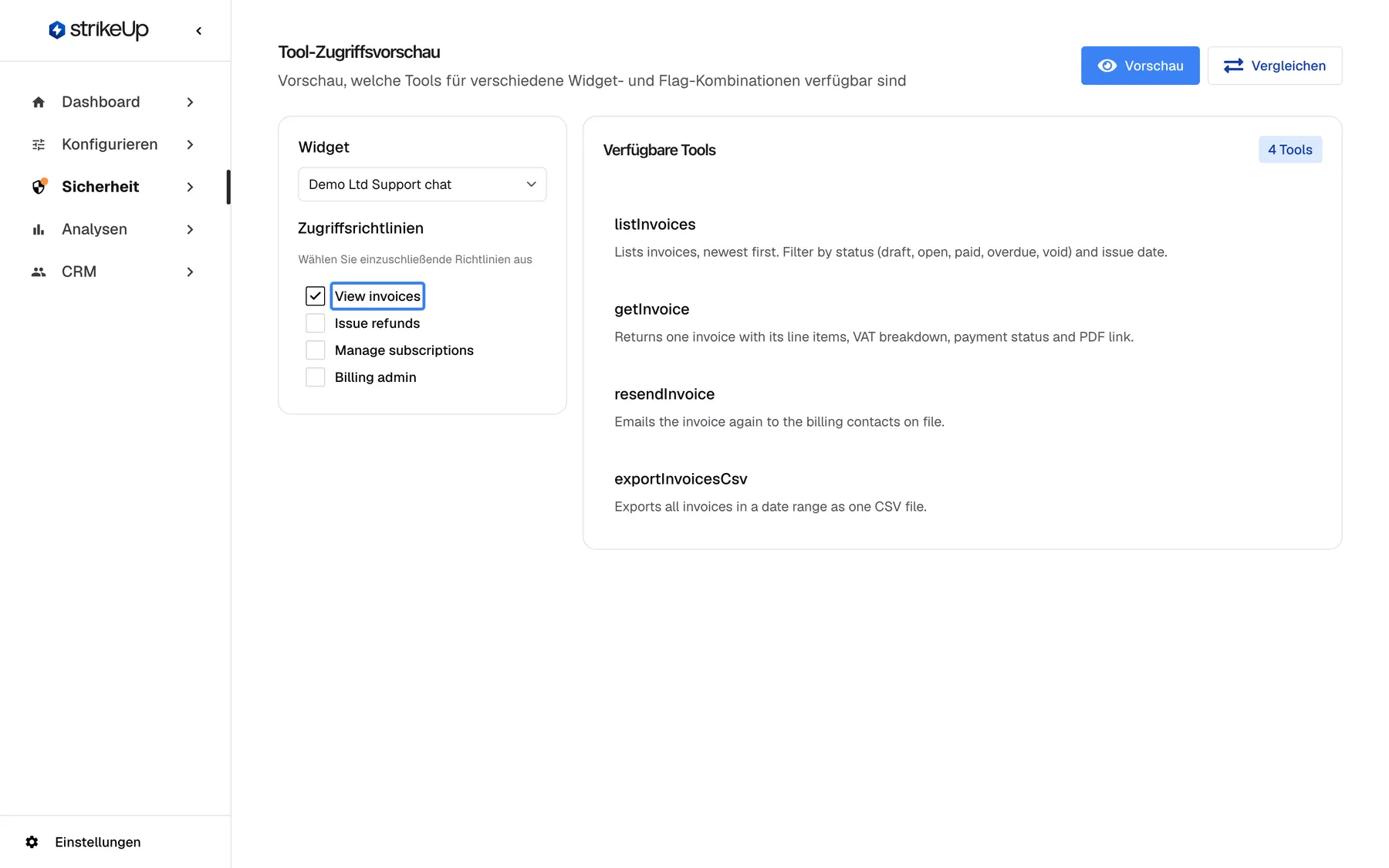 Dieselbe Tool-Zugriffsvorschau, jetzt mit angehaktem, hervorgehobenem Kästchen „View invoices“ unter „Zugriffsrichtlinien“ für das Widget Demo Ltd Support chat. „Verfügbare Tools“ zeigt nur noch das Badge „4 Tools“ und listet listInvoices, getInvoice, resendInvoice und exportInvoicesCsv mit ihren Beschreibungen. Eine Sitzung mit dem Schlüssel view_invoices erhält genau diese vier Tools; weitere angehakte Richtlinien fügen ihre Tools hinzu.