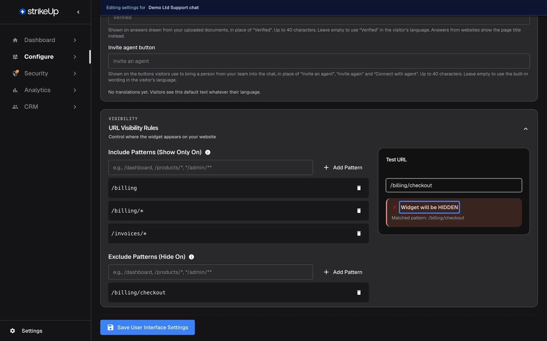 The "URL Visibility Rules" section of the User Interface page ("Control where the widget appears on your website"). Include Patterns (Show Only On) lists "/billing", "/billing/*" and "/invoices/*"; Exclude Patterns (Hide On) lists "/billing/checkout", each with a delete icon and an "Add Pattern" field above. In the Test URL box on the right the path "/billing/checkout" has been entered and the highlighted verdict reads "Widget will be HIDDEN": the exclude rule wins over the matching include rule.