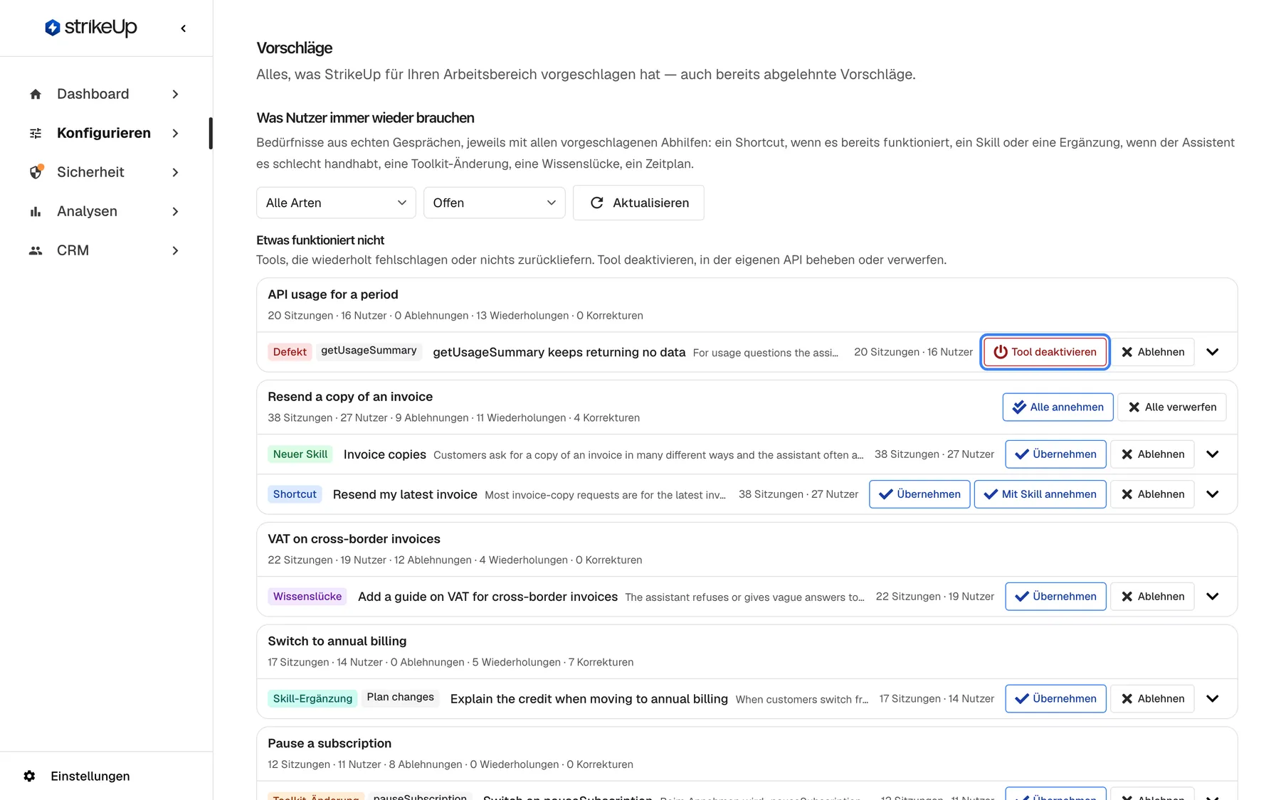 Die Seite Vorschläge unter Konfigurieren ("Alles, was StrikeUp für Ihren Arbeitsbereich vorgeschlagen hat — auch bereits abgelehnte Vorschläge."). Unter "Was Nutzer immer wieder brauchen" stehen die Filter "Alle Arten" und "Offen" sowie "Aktualisieren". "Etwas funktioniert nicht" zeigt den Defekt "getUsageSummary keeps returning no data" mit der hervorgehobenen Schaltfläche "Tool deaktivieren", die dieses Tool ausschaltet, und "Ablehnen". Darunter folgen Bedürfnisgruppen mit ihrer Belegzeile, etwa "Resend a copy of an invoice" (38 Sitzungen, 27 Nutzer) mit einem Vorschlag "Neuer Skill" und einem "Shortcut", danach eine Wissenslücke, eine Skill-Ergänzung und eine Toolkit-Änderung.