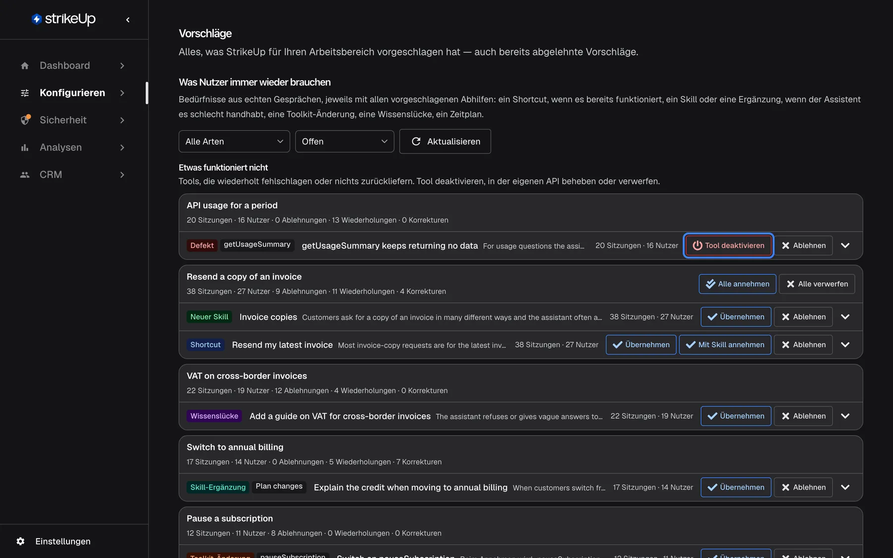 Die Seite Vorschläge unter Konfigurieren ("Alles, was StrikeUp für Ihren Arbeitsbereich vorgeschlagen hat — auch bereits abgelehnte Vorschläge."). Unter "Was Nutzer immer wieder brauchen" stehen die Filter "Alle Arten" und "Offen" sowie "Aktualisieren". "Etwas funktioniert nicht" zeigt den Defekt "getUsageSummary keeps returning no data" mit der hervorgehobenen Schaltfläche "Tool deaktivieren", die dieses Tool ausschaltet, und "Ablehnen". Darunter folgen Bedürfnisgruppen mit ihrer Belegzeile, etwa "Resend a copy of an invoice" (38 Sitzungen, 27 Nutzer) mit einem Vorschlag "Neuer Skill" und einem "Shortcut", danach eine Wissenslücke, eine Skill-Ergänzung und eine Toolkit-Änderung.