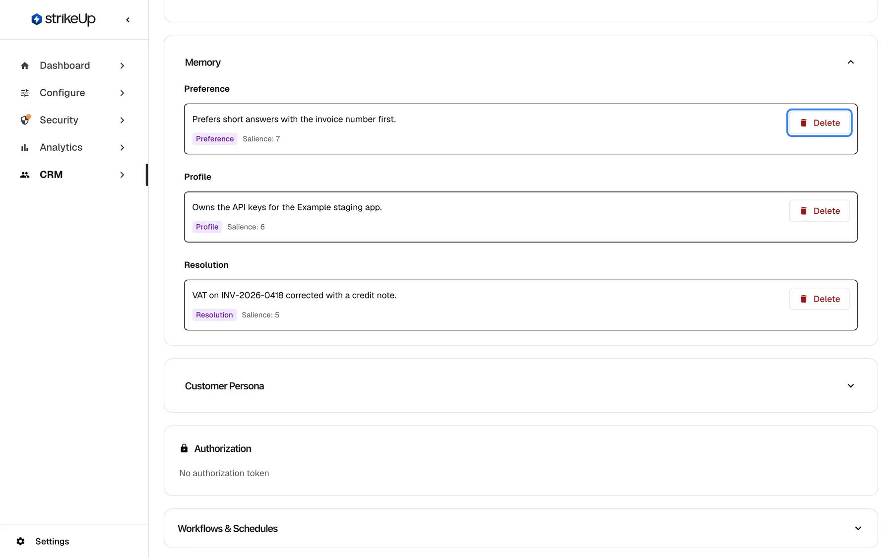 The expanded Memory section on the Customer Details page of Morgan Hayes (CRM › Customers). The assistant's memories of this customer are grouped by category: Preference "Prefers short answers with the invoice number first." (Salience: 7), Profile "Owns the API keys for the Example staging app." (Salience: 6) and Resolution "VAT on INV-2026-0418 corrected with a credit note." (Salience: 5). The first red Delete button is highlighted.