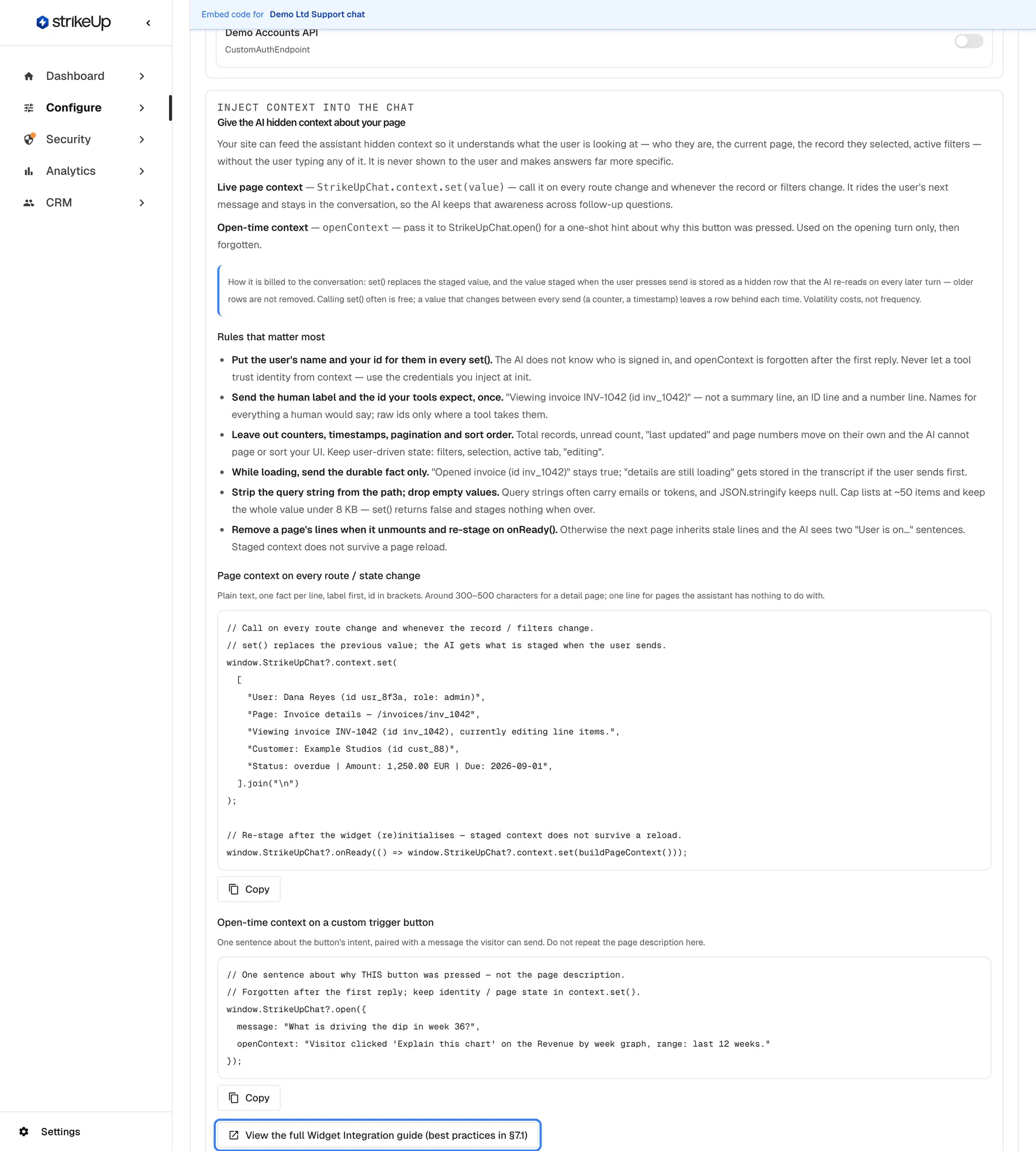 The context panel on the Embed page, headed "Inject context into the chat" and "Give the AI hidden context about your page". It explains "Live page context" (StrikeUpChat.context.set(value) on every route change) and "Open-time context" (openContext passed to StrikeUpChat.open()), a note on how staged context is billed, and "Rules that matter most". Two code examples follow, "Page context on every route / state change" and "Open-time context on a custom trigger button", each with a Copy button. At the bottom the highlighted link "View the full Widget Integration guide (best practices in §7.1)" opens the technical guide.