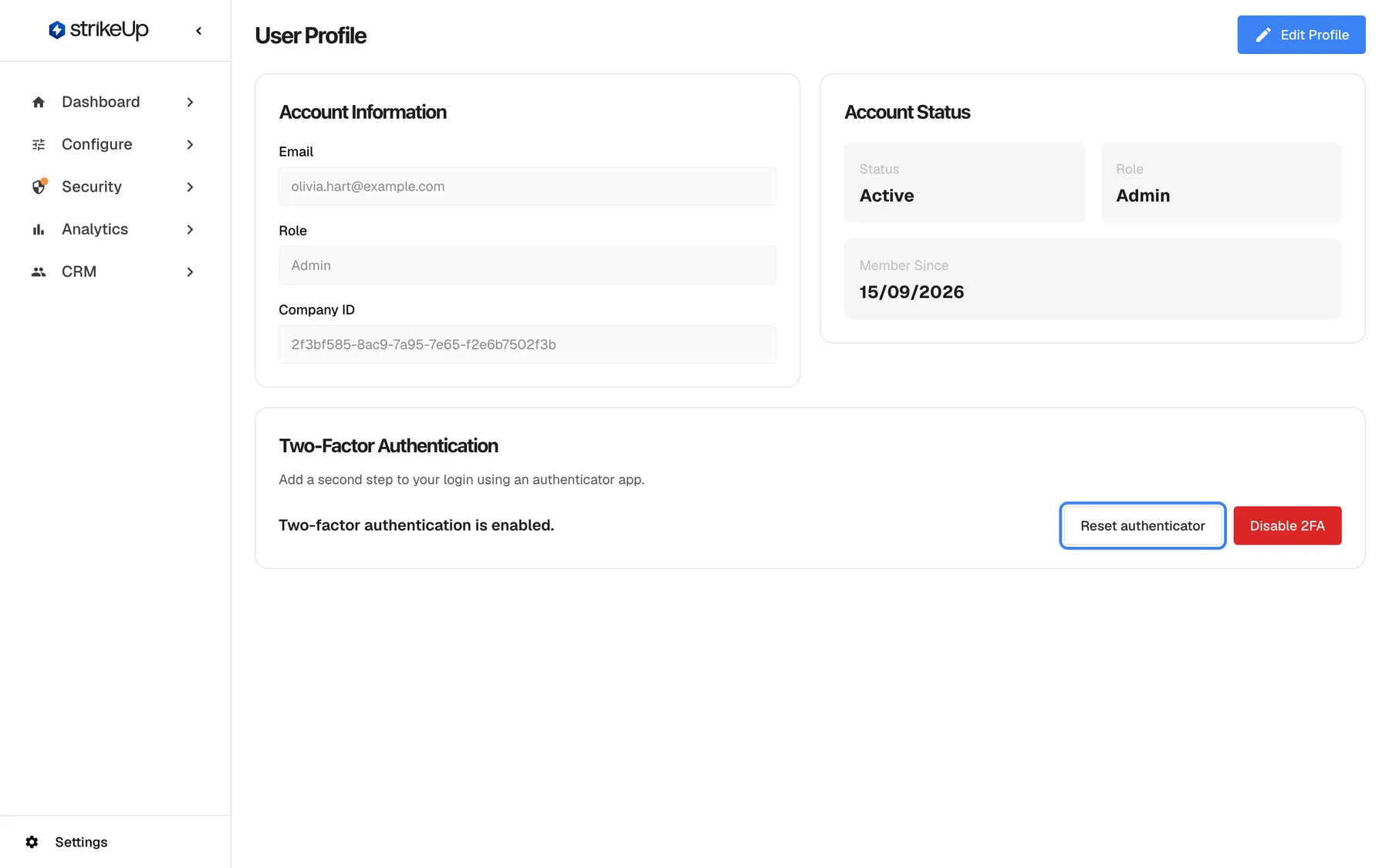 The "User Profile" page with two-factor authentication switched on. The "Two-Factor Authentication" card shows the status "Two-factor authentication is enabled." and two buttons at the right: "Reset authenticator", which is highlighted, and the red "Disable 2FA". "Reset authenticator" opens the same QR code setup to move to a new phone; the old app keeps working until the new one is confirmed with a valid code. The company does not require two-factor authentication here, so turning it off is still allowed.