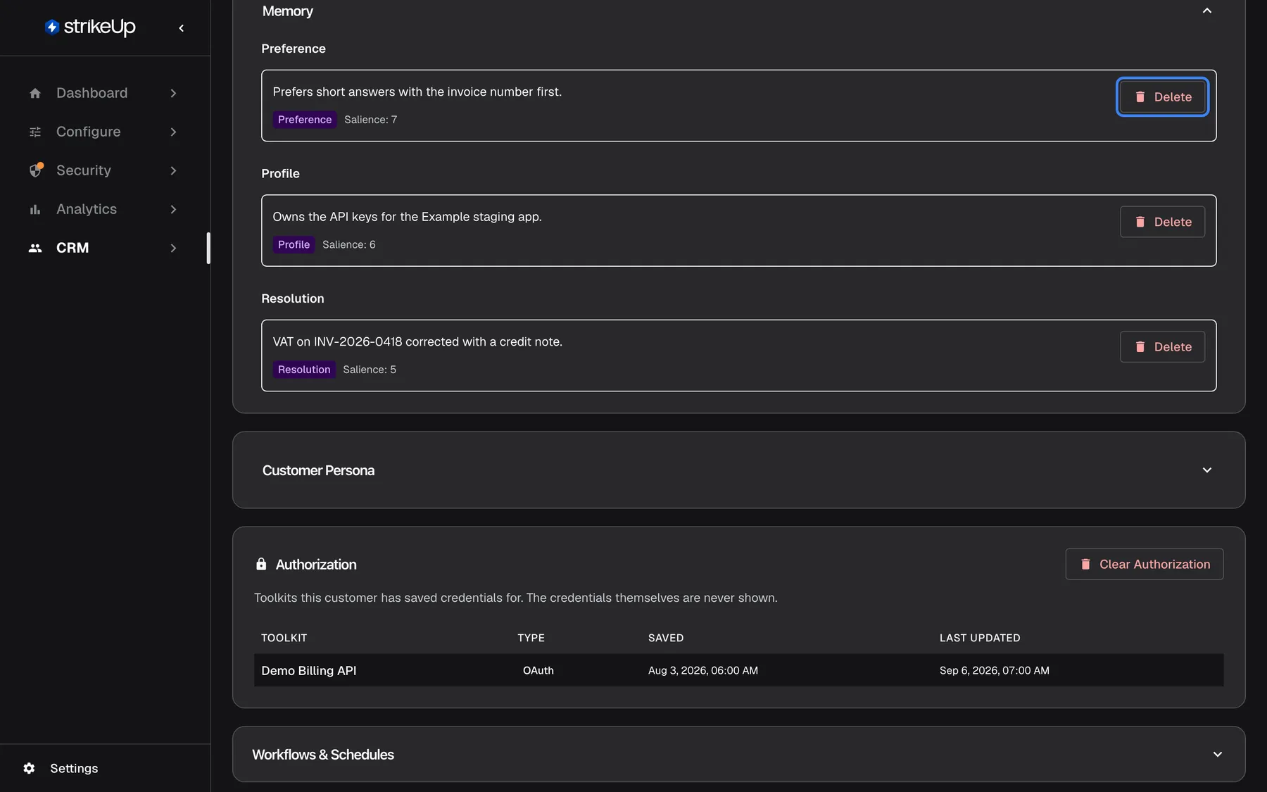 The expanded Memory section on Morgan Hayes' details page, grouped by category. Under Preference: "Prefers short answers with the invoice number first." (Salience: 7); under Profile: "Owns the API keys for the Example staging app." (Salience: 6); under Resolution: "VAT on INV-2026-0418 corrected with a credit note." (Salience: 5). Each memory has a red Delete button; the first one is highlighted. Deleting removes the memory at once, without a confirmation.