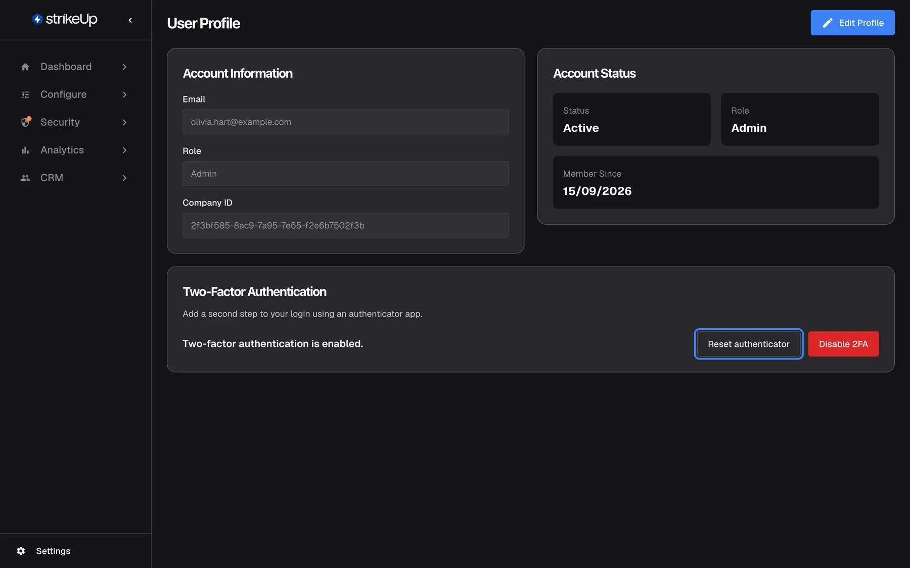 The "User Profile" page with two-factor authentication switched on. The "Two-Factor Authentication" card shows the status "Two-factor authentication is enabled." and two buttons at the right: "Reset authenticator", which is highlighted, and the red "Disable 2FA". "Reset authenticator" opens the same QR code setup to move to a new phone; the old app keeps working until the new one is confirmed with a valid code. The company does not require two-factor authentication here, so turning it off is still allowed.