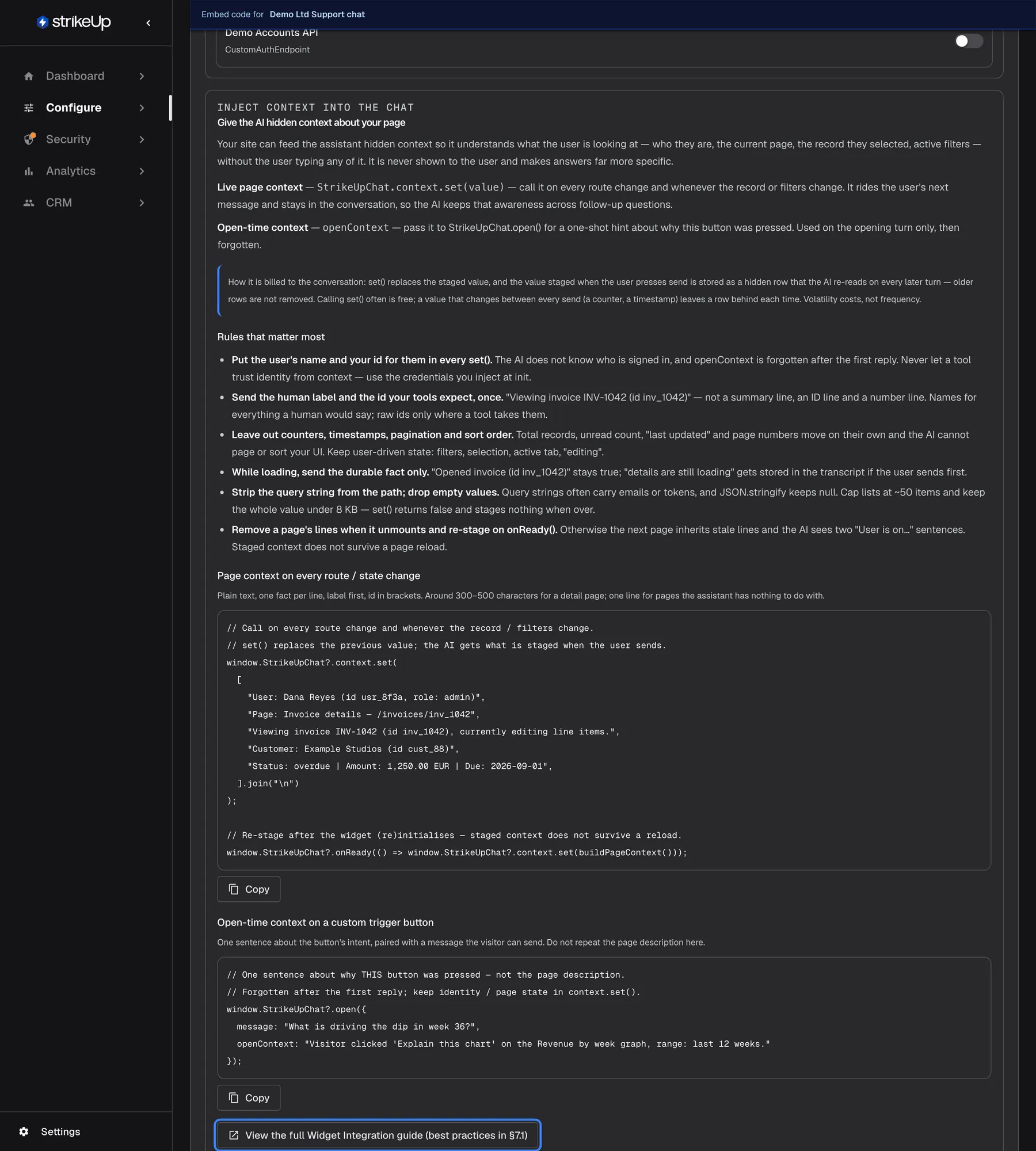 The context panel on the Embed page, headed "Inject context into the chat" and "Give the AI hidden context about your page". It explains "Live page context" (StrikeUpChat.context.set(value) on every route change) and "Open-time context" (openContext passed to StrikeUpChat.open()), a note on how staged context is billed, and "Rules that matter most". Two code examples follow, "Page context on every route / state change" and "Open-time context on a custom trigger button", each with a Copy button. At the bottom the highlighted link "View the full Widget Integration guide (best practices in §7.1)" opens the technical guide.